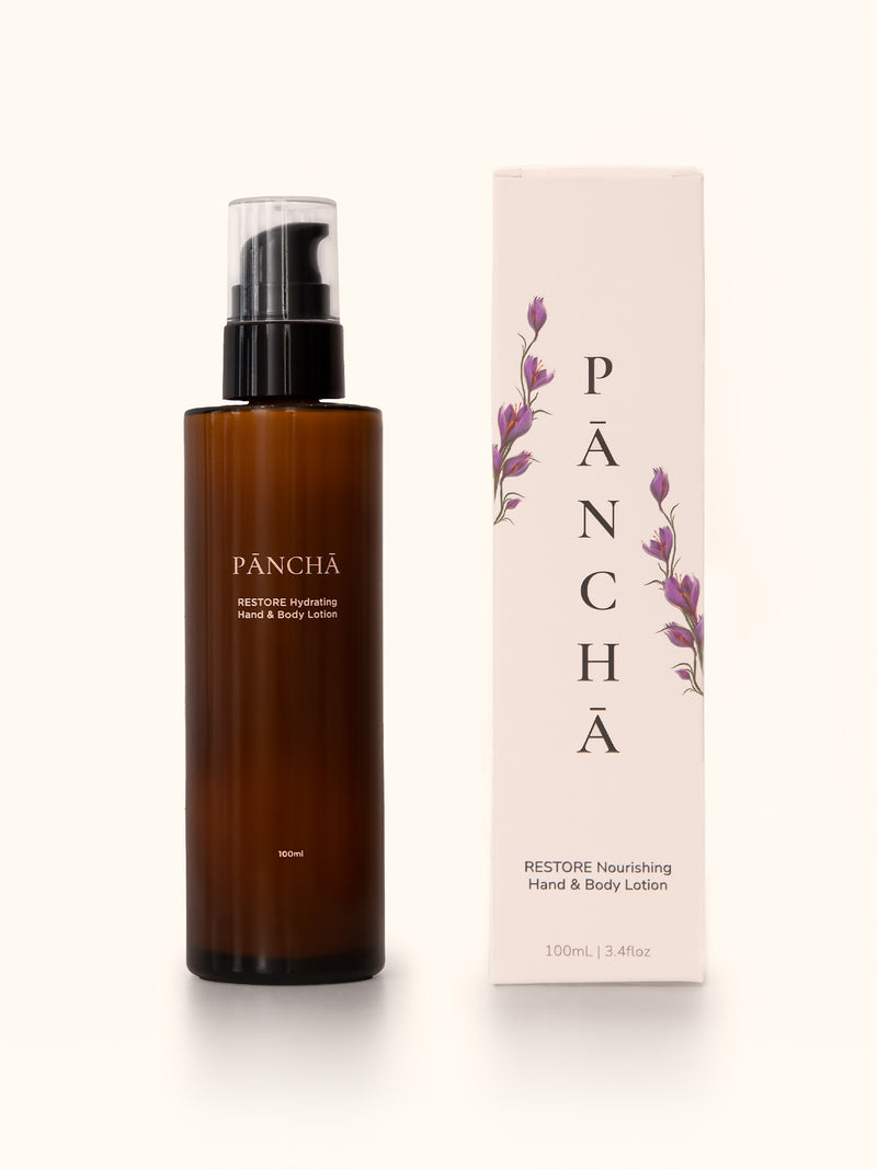 Pancha Beauty Restore hand and body lotion with packaging. 