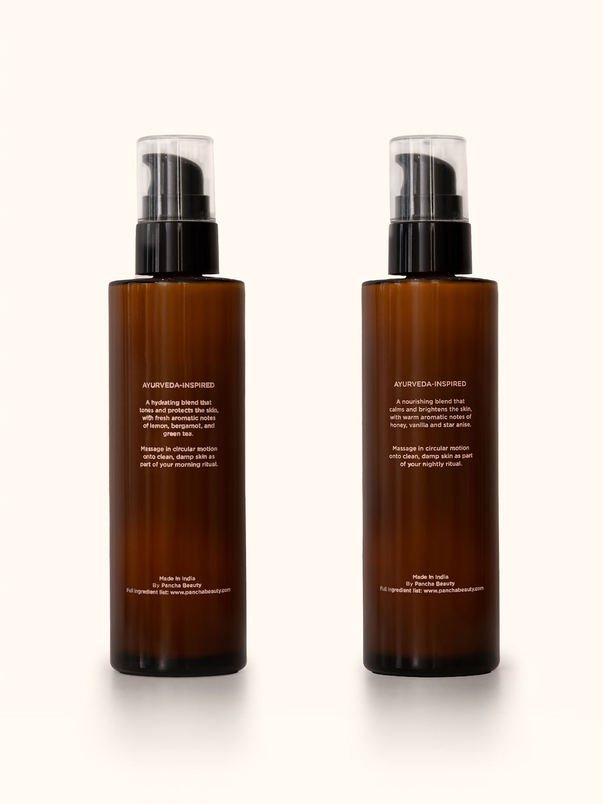 Pancha Beauty Rise and Restore lotion Ayurvedic ingredients list on the back of the bottles.
