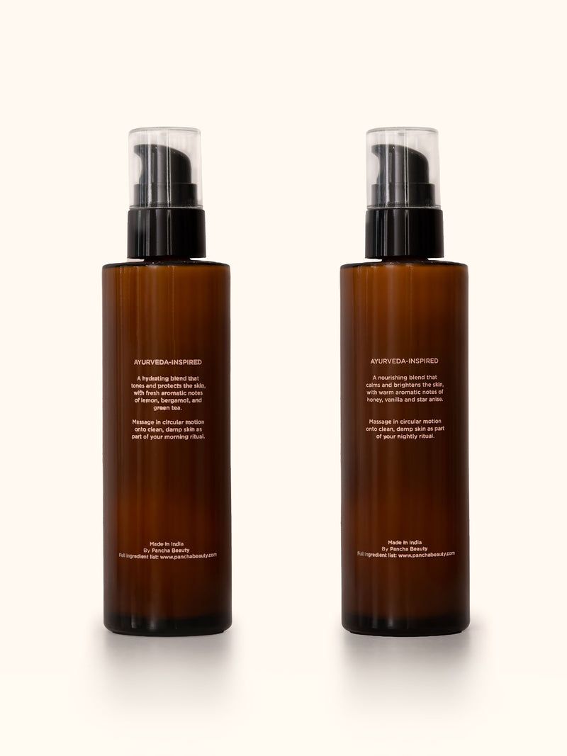 Pancha Beauty Rise and Restore lotion Ayurvedic ingredients list on the back of the bottles.